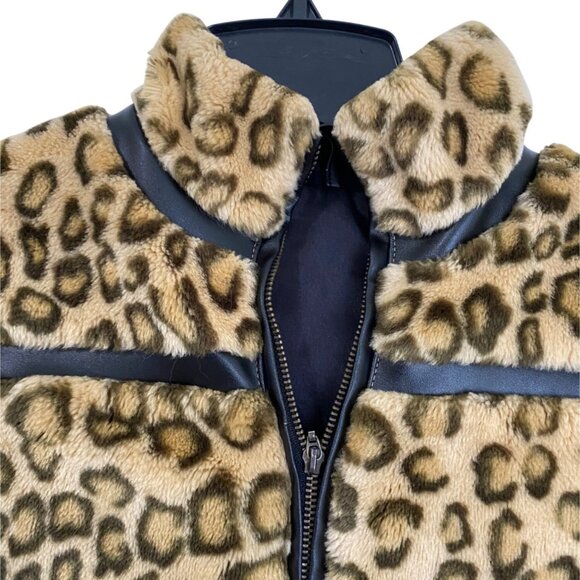 Leopard Print Faux Fur Jacket With Zipper & Black Leather Trim For Women Size S - Picture 4 of 10